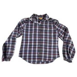 Stepping Stones Plaid Button Up‎ Shirt Women Cottagecore Puff Sleeve Top